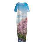 Mount Fuji And Cherry Blossom Print Short Sleeve Long Nightdress