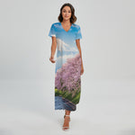 Mount Fuji And Cherry Blossom Print Short Sleeve Maxi Dress