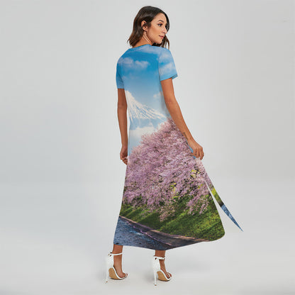Mount Fuji And Cherry Blossom Print Short Sleeve Maxi Dress