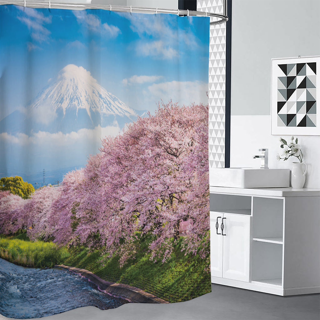 Mount Fuji And Cherry Blossom Print Shower Curtain