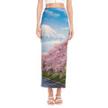 Mount Fuji And Cherry Blossom Print Side Slit Maxi Skirt