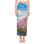 Mount Fuji And Cherry Blossom Print Side Slit Maxi Skirt