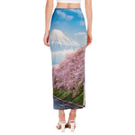 Mount Fuji And Cherry Blossom Print Side Slit Maxi Skirt