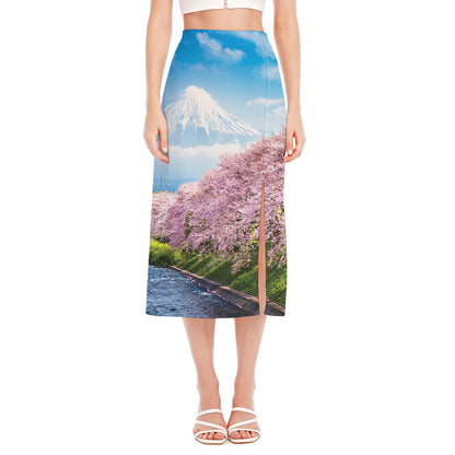 Mount Fuji And Cherry Blossom Print Side Slit Midi Skirt