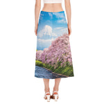 Mount Fuji And Cherry Blossom Print Side Slit Midi Skirt