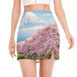 Mount Fuji And Cherry Blossom Print Side Slit Mini Skirt