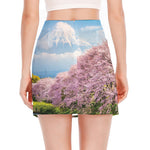 Mount Fuji And Cherry Blossom Print Side Slit Mini Skirt