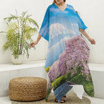 Mount Fuji And Cherry Blossom Print Silk V-Neck Kaftan Dress