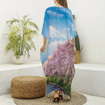 Mount Fuji And Cherry Blossom Print Silk V-Neck Kaftan Dress