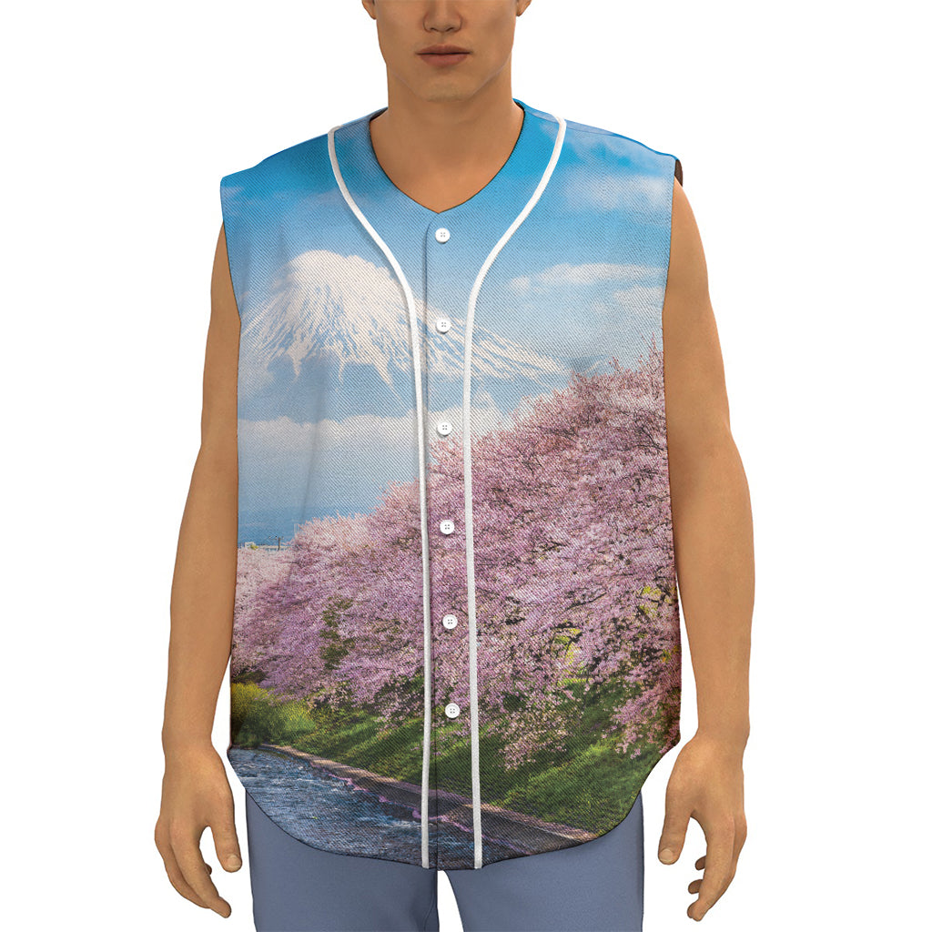Mount Fuji And Cherry Blossom Print Sleeveless Baseball Jersey