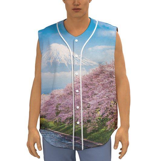 Mount Fuji And Cherry Blossom Print Sleeveless Baseball Jersey