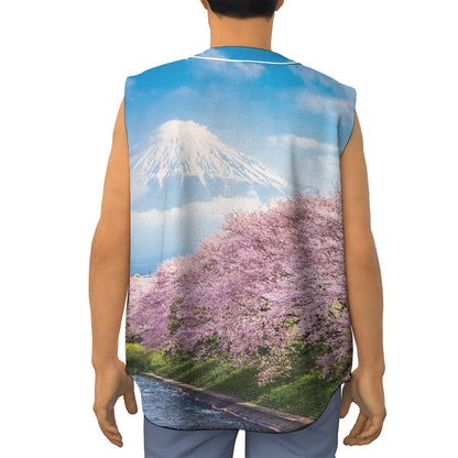 Mount Fuji And Cherry Blossom Print Sleeveless Baseball Jersey
