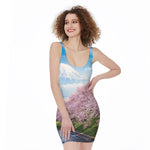 Mount Fuji And Cherry Blossom Print Sleeveless Bodycon Dress