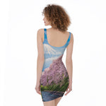 Mount Fuji And Cherry Blossom Print Sleeveless Bodycon Dress