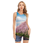Mount Fuji And Cherry Blossom Print Sleeveless One Piece Swimsuit