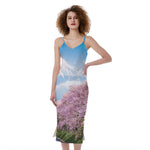 Mount Fuji And Cherry Blossom Print Slim Fit Midi Cami Dress