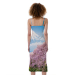 Mount Fuji And Cherry Blossom Print Slim Fit Midi Cami Dress