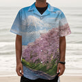 Mount Fuji And Cherry Blossom Print Textured Short Sleeve Shirt