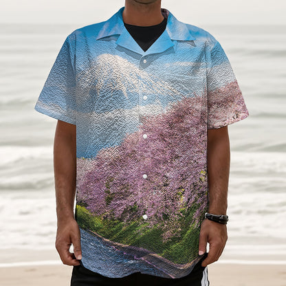 Mount Fuji And Cherry Blossom Print Textured Short Sleeve Shirt