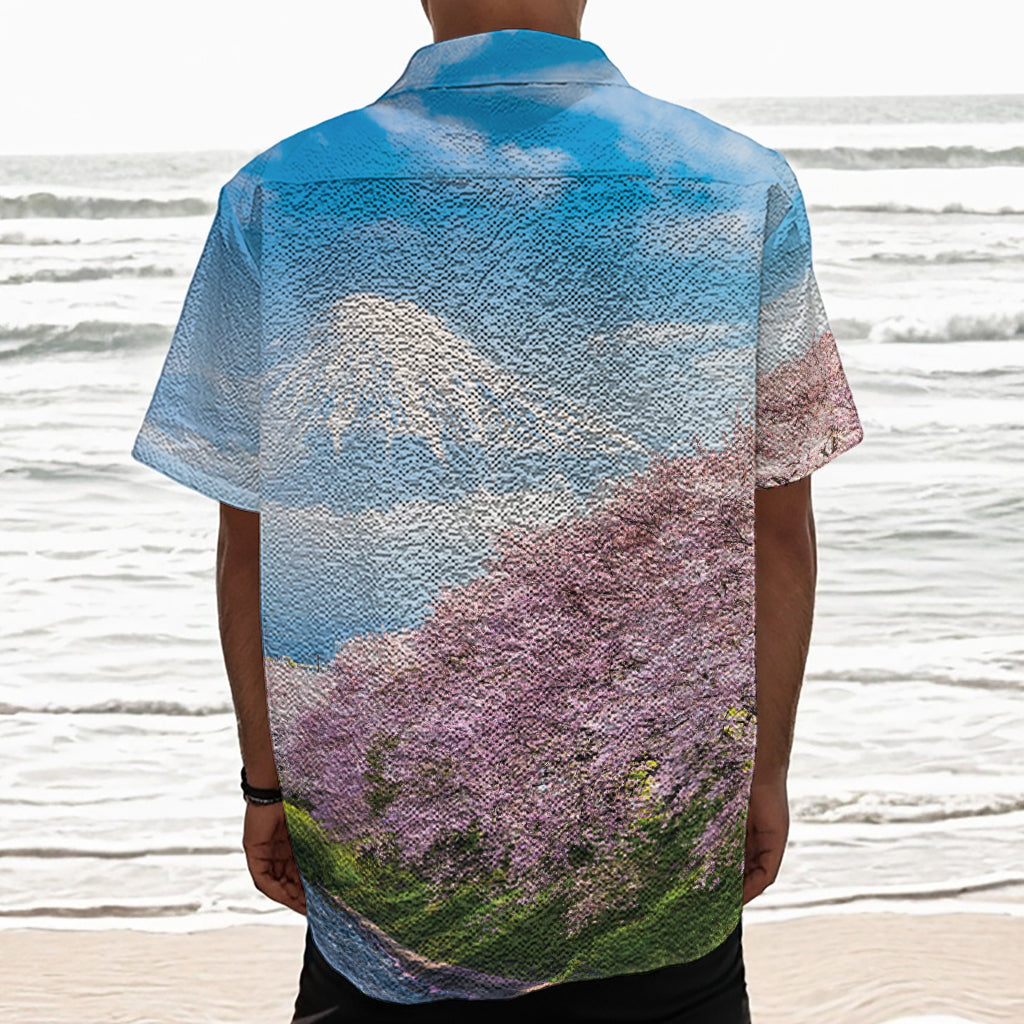 Mount Fuji And Cherry Blossom Print Textured Short Sleeve Shirt