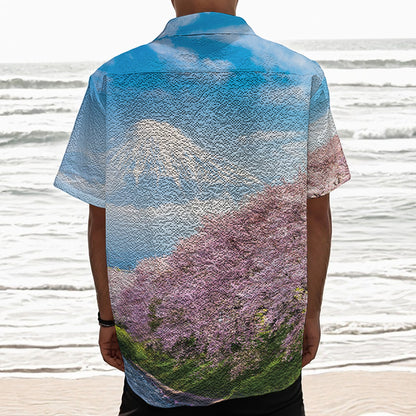 Mount Fuji And Cherry Blossom Print Textured Short Sleeve Shirt