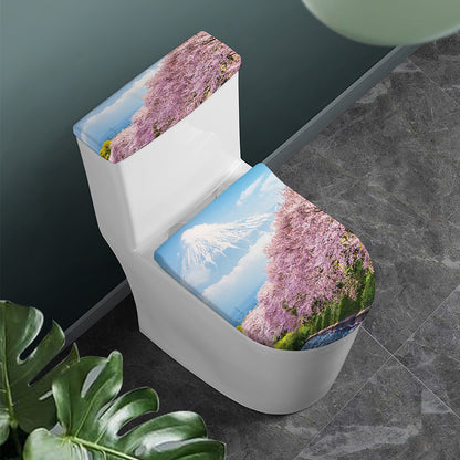 Mount Fuji And Cherry Blossom Print Toilet Lid And Tank Cover Set