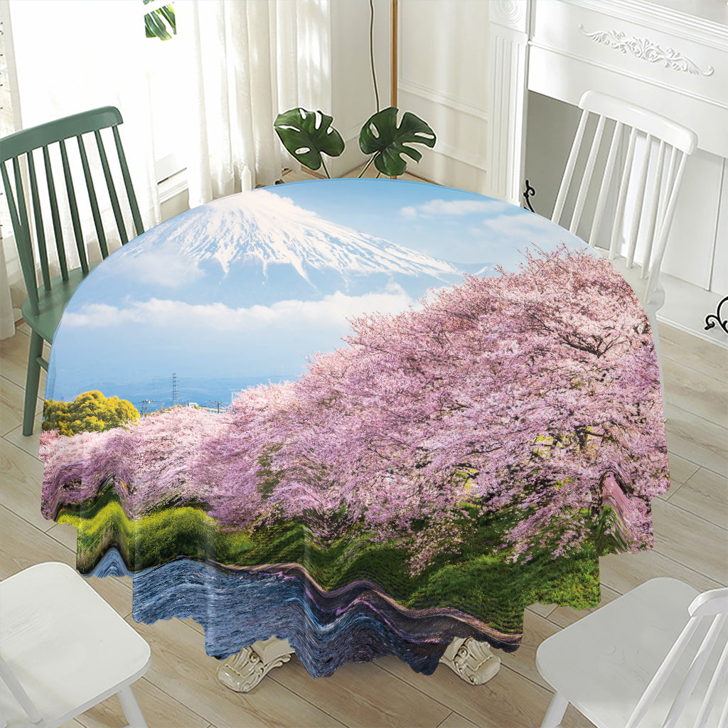 Mount Fuji And Cherry Blossom Print Waterproof Round Tablecloth