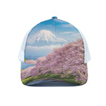 Mount Fuji And Cherry Blossom Print White Mesh Trucker Cap