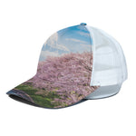 Mount Fuji And Cherry Blossom Print White Mesh Trucker Cap