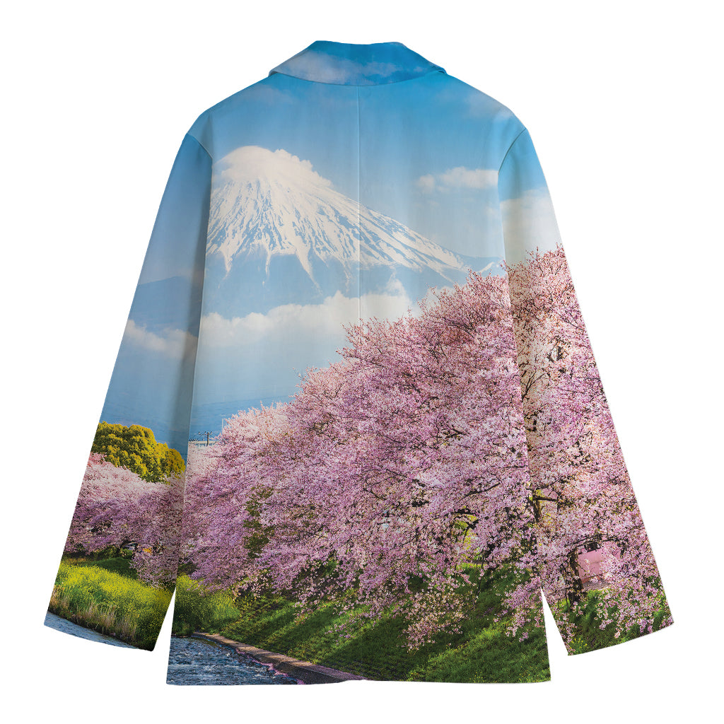 Mount Fuji And Cherry Blossom Print Women's Cotton Blazer