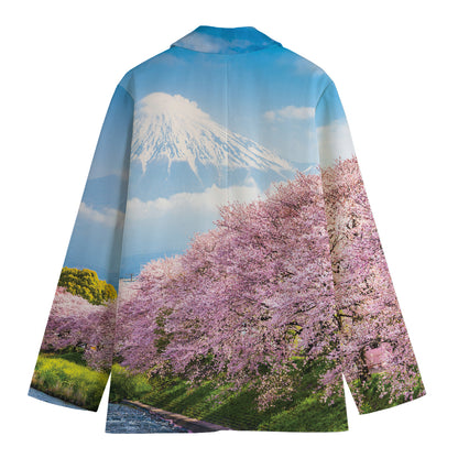 Mount Fuji And Cherry Blossom Print Women's Cotton Blazer