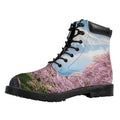 Mount Fuji And Cherry Blossom Print Padded Collar Lace Up Boots