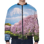 Mount Fuji And Cherry Blossom Print Zip Sleeve Bomber Jacket