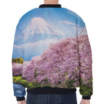 Mount Fuji And Cherry Blossom Print Zip Sleeve Bomber Jacket