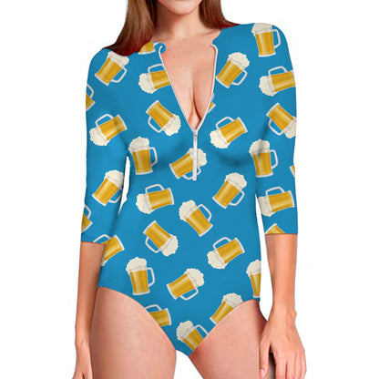 Mug Of Beer Pattern Print Long Sleeve Swimsuit