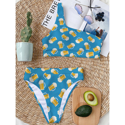 Mug Of Beer Pattern Print One Shoulder Bikini Top