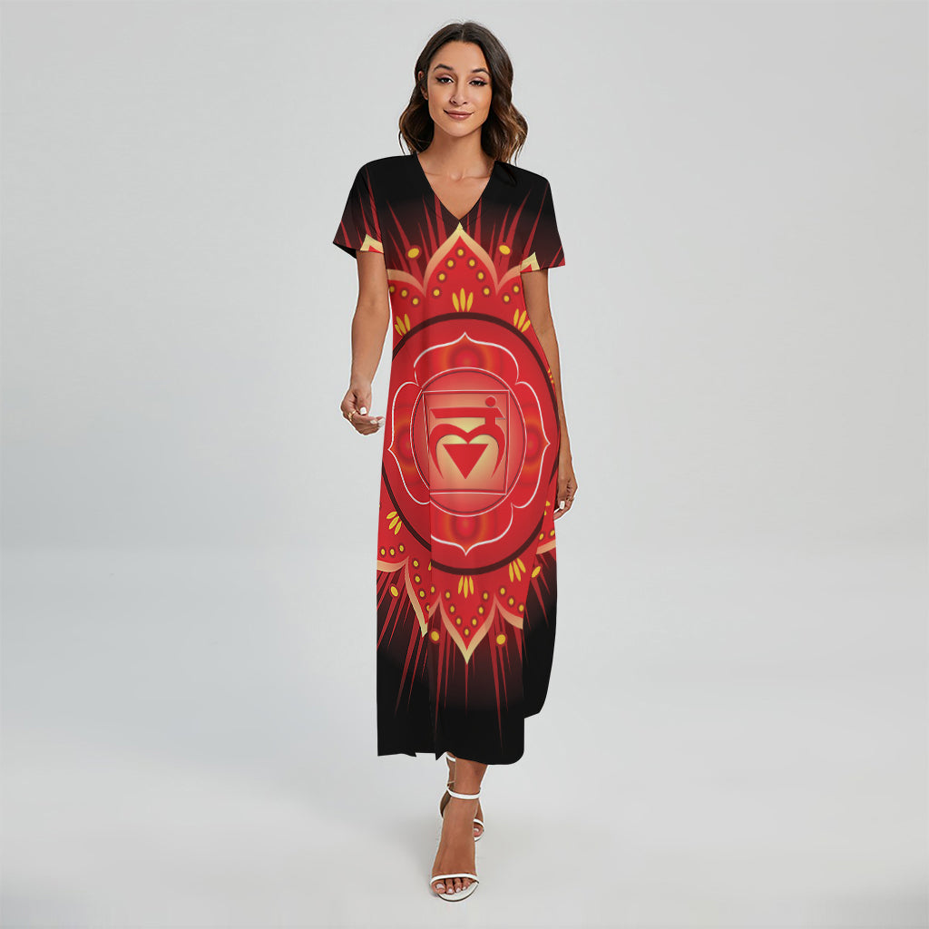 Muladhara Chakra Mandala Print Short Sleeve Maxi Dress