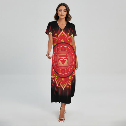 Muladhara Chakra Mandala Print Short Sleeve Maxi Dress