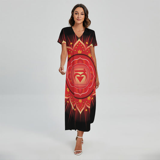Muladhara Chakra Mandala Print Short Sleeve Maxi Dress