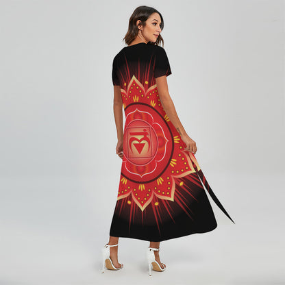 Muladhara Chakra Mandala Print Short Sleeve Maxi Dress