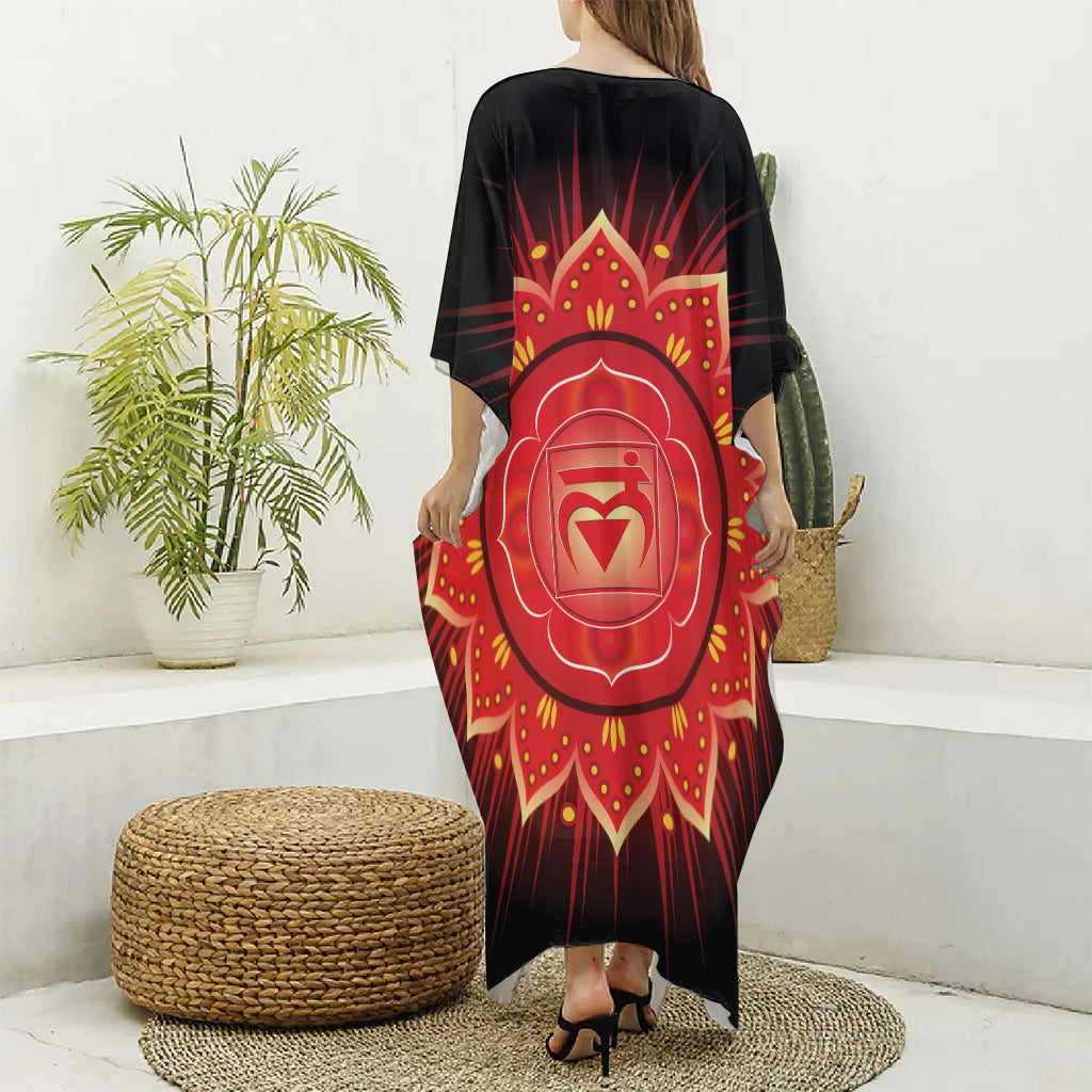 Muladhara Chakra Mandala Print Silk V-Neck Kaftan Dress