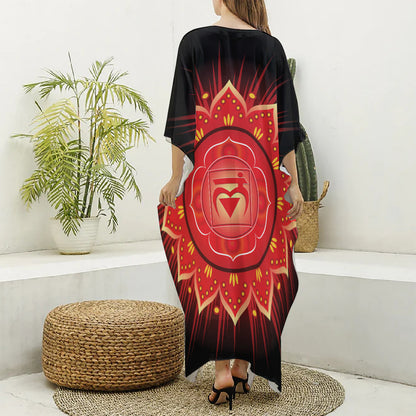 Muladhara Chakra Mandala Print Silk V-Neck Kaftan Dress