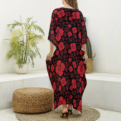 Muladhara Chakra Pattern Print Silk V-Neck Kaftan Dress