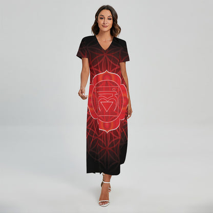 Muladhara Chakra Spiritual Print Short Sleeve Maxi Dress