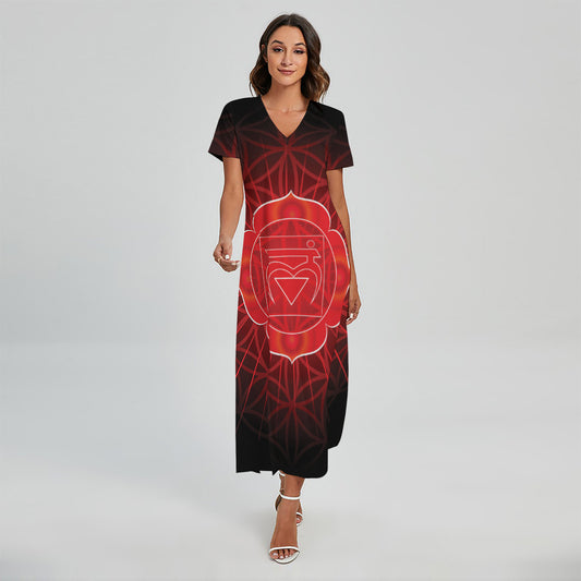 Muladhara Chakra Spiritual Print Short Sleeve Maxi Dress