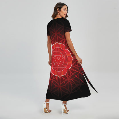 Muladhara Chakra Spiritual Print Short Sleeve Maxi Dress