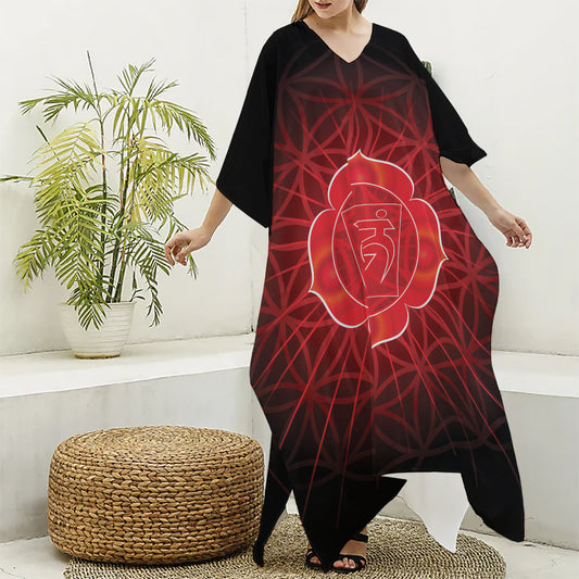 Muladhara Chakra Spiritual Print Silk V-Neck Kaftan Dress