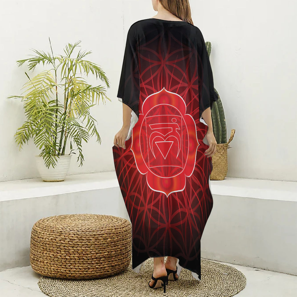 Muladhara Chakra Spiritual Print Silk V-Neck Kaftan Dress