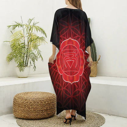 Muladhara Chakra Spiritual Print Silk V-Neck Kaftan Dress