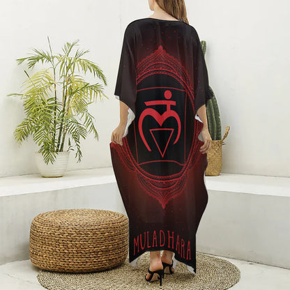 Muladhara Chakra Symbol Print Silk V-Neck Kaftan Dress